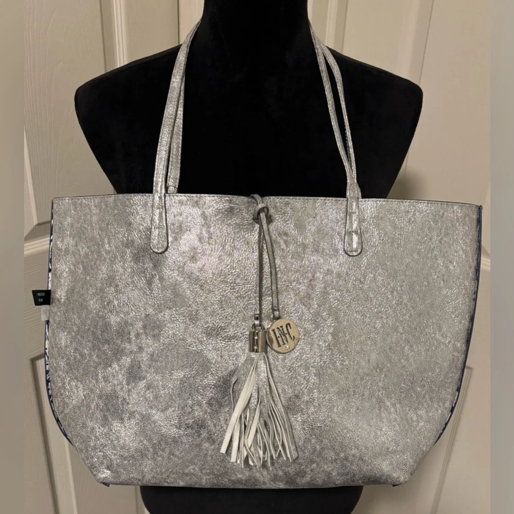 NWT INC Silver Metallic Tote Bag Large Shoulder Purse Tassel Charm Faux Leathet